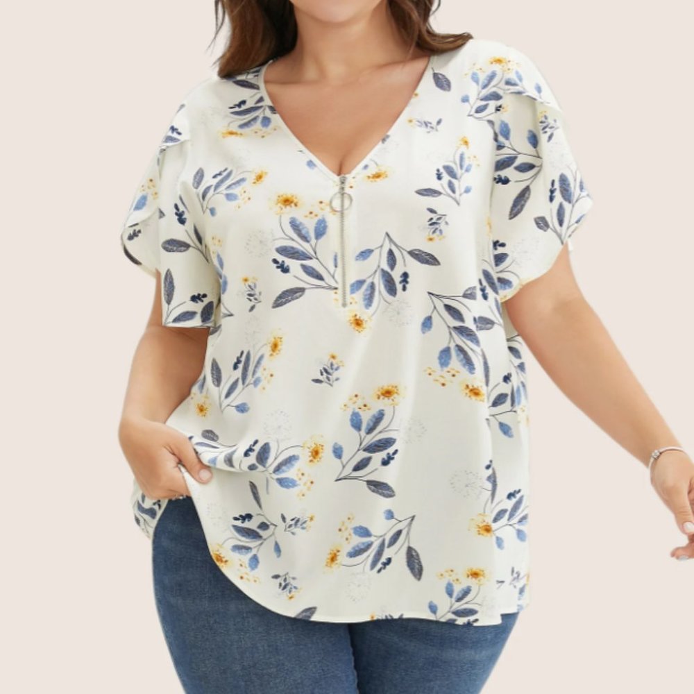 Floral O Ring Zipper Split Petal Sleeve Blouse